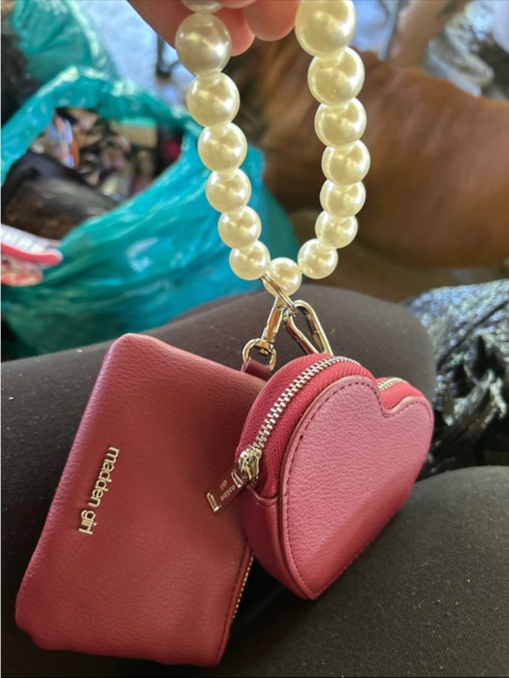 Madden Girl Rose Pink Heart Coin Purse & Zip Pouch with Pearl Strap